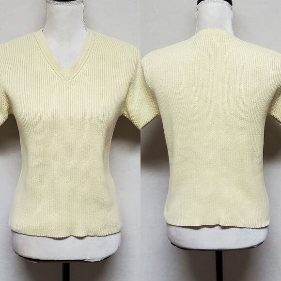 VINTAGE 1990s GAP Butter Yellow Ribbed V-neck Short Sleeve Cropped Sweater Large - Picture 1 of 11